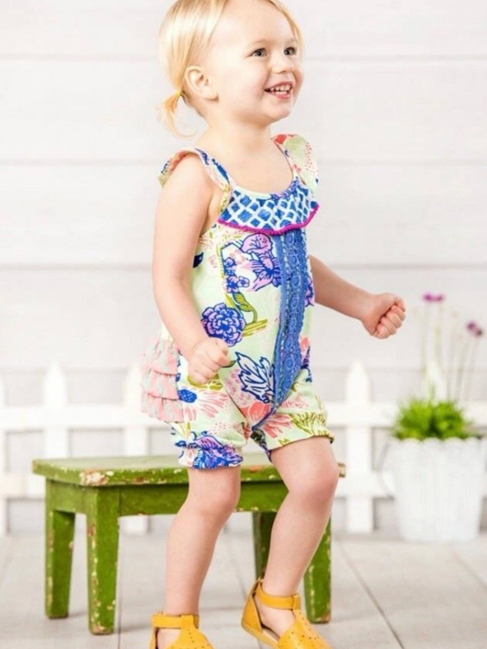 Matilda Jane parachute romper crochet details and ruffle butt floral 18-24 month